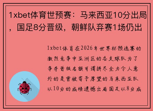 1xbet体育世预赛：马来西亚10分出局，国足8分晋级，朝鲜队弃赛1场仍出线的背后 - 副本
